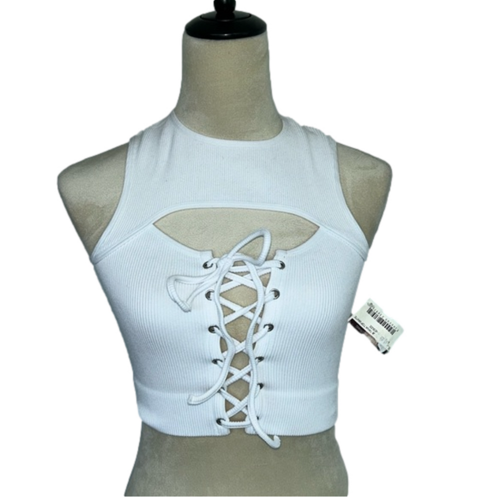 White, Lace Up Stretch Top: Size OS